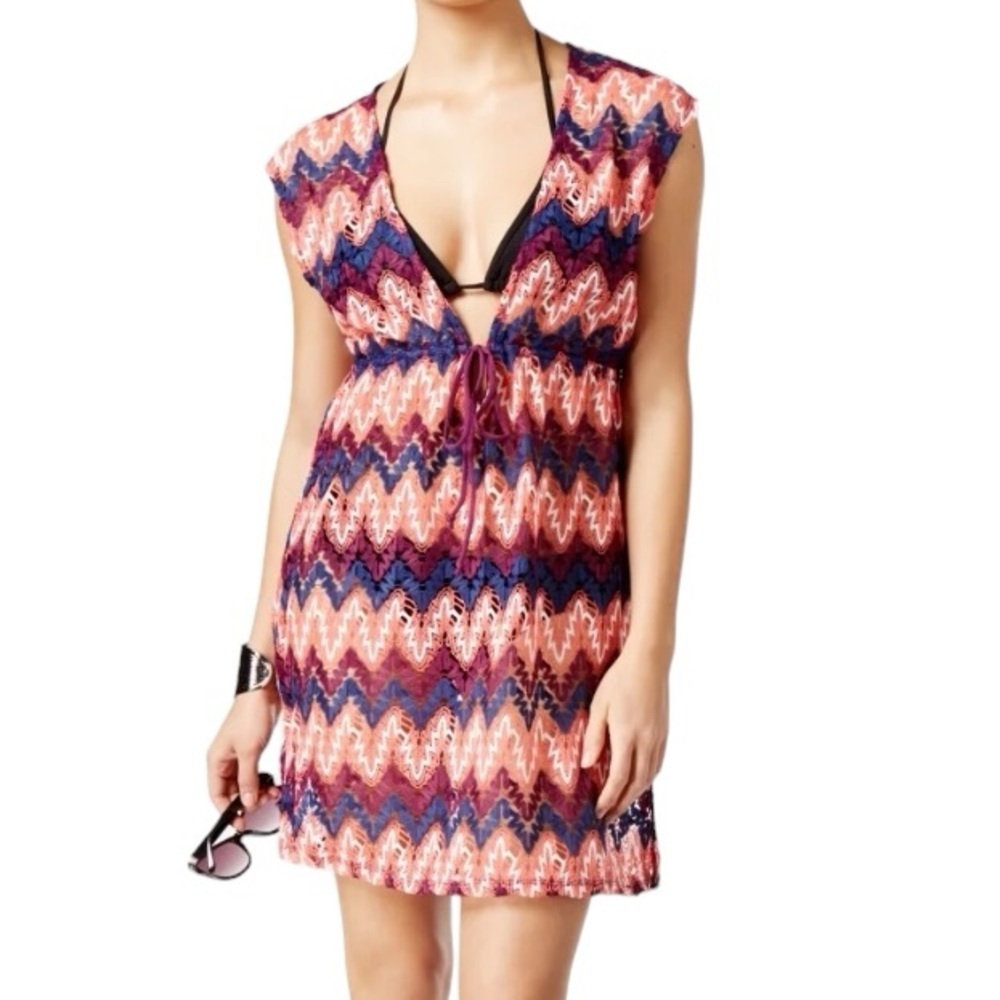 Miken Swim Cover Up Dress Women’s Size M Chevron Crochet Open Knit Drawstring - Picture 1 of 11